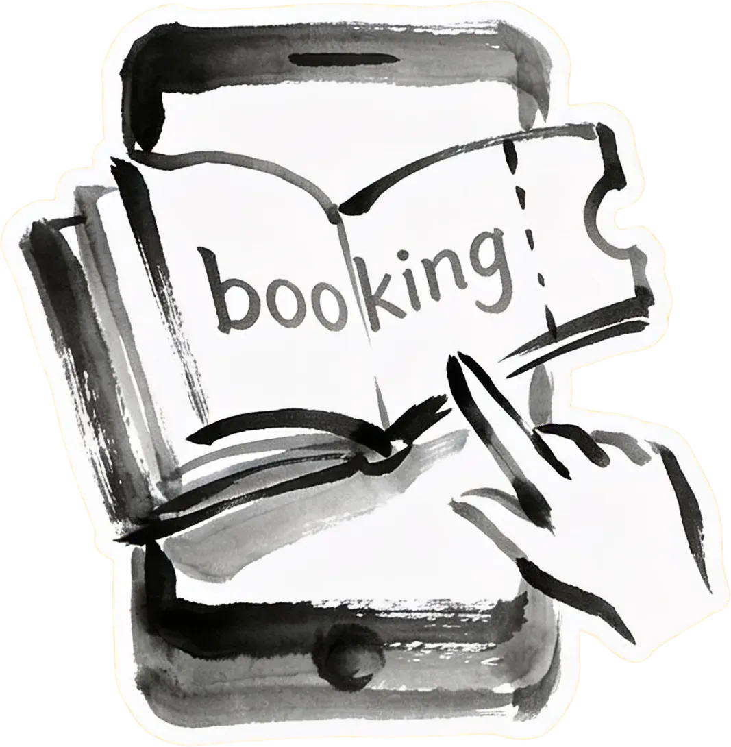 Ink-brush drawing of a phone showing a booking ticket