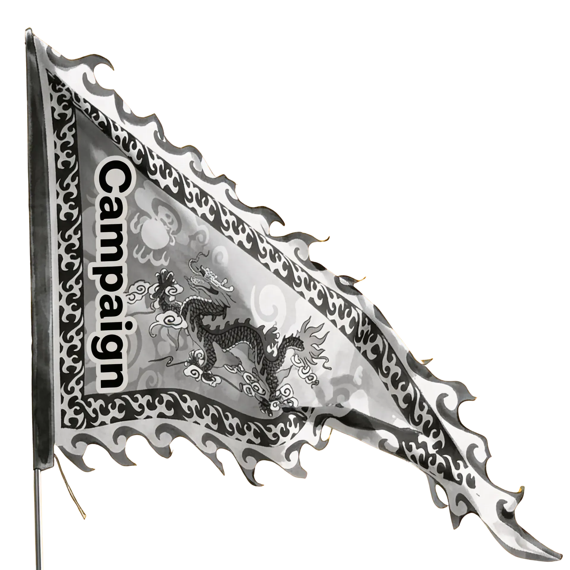 Ink-brush drawing of a dragon campaign banner reading Campaign