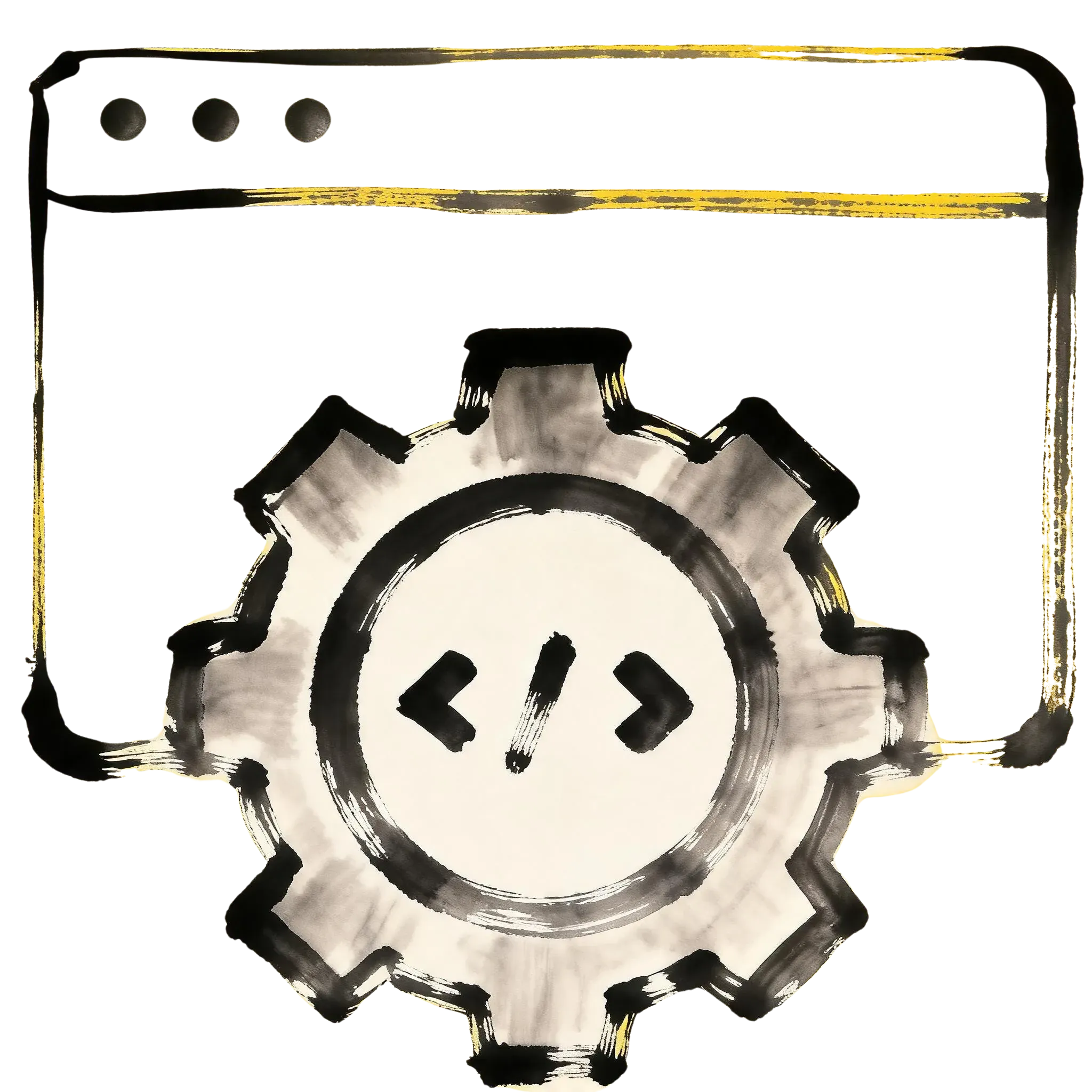 Ink-brush drawing of a browser window with a gear and code brackets
