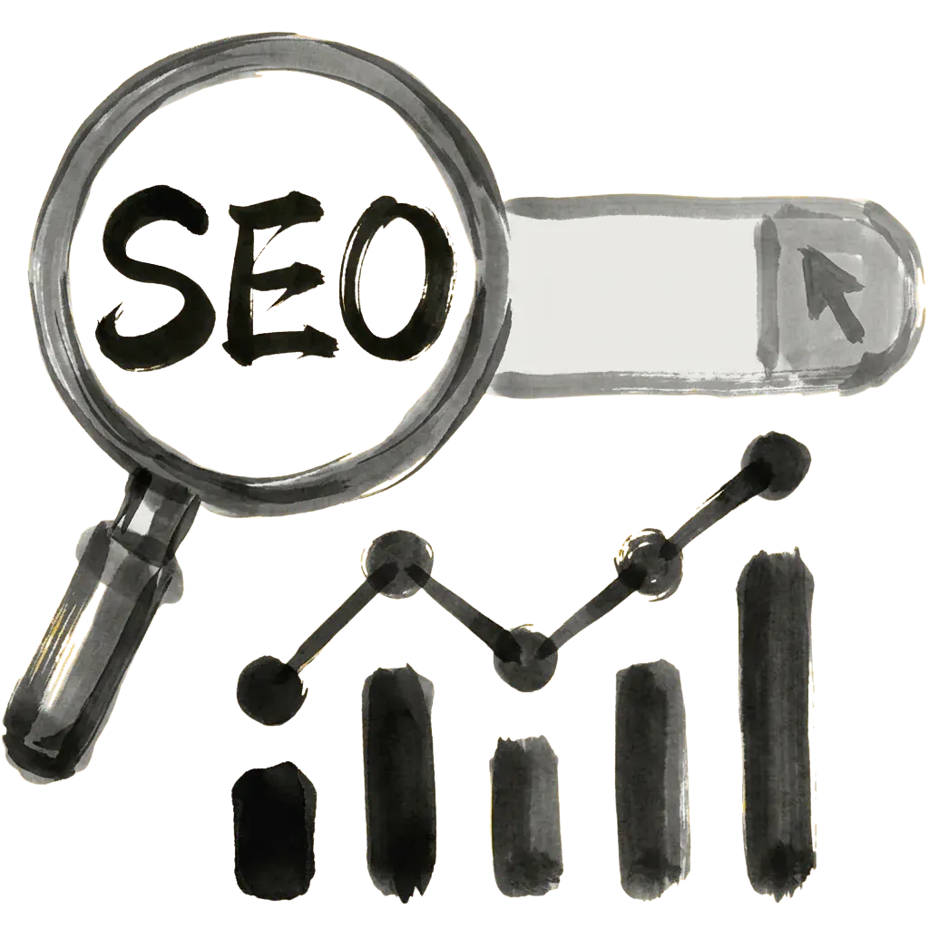 Ink-brush drawing of a magnifier reading SEO over a rising bar chart