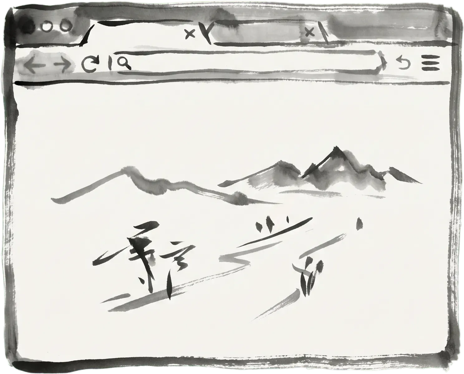 Ink-brush drawing of a browser window framing a mountain landscape